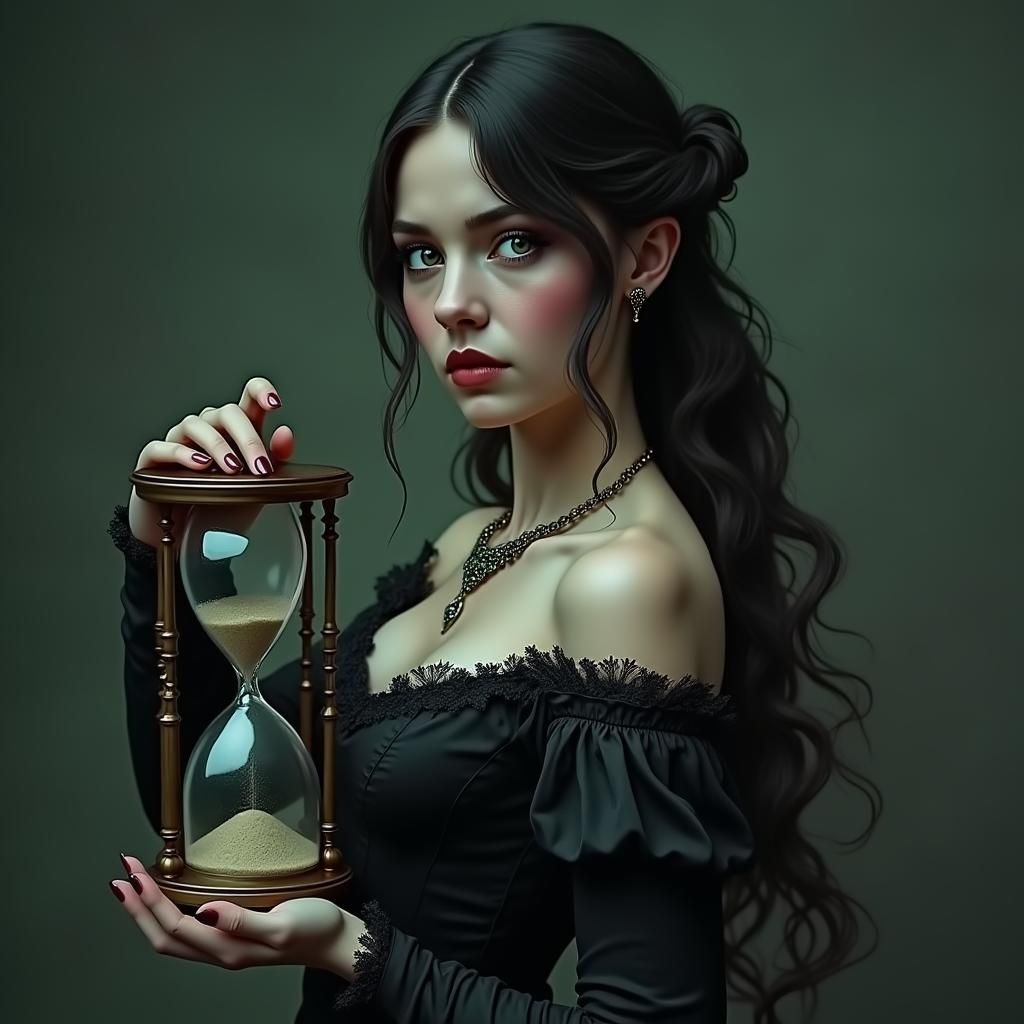 Victorian Gothic Mistress of Darkness Holding Hourglass