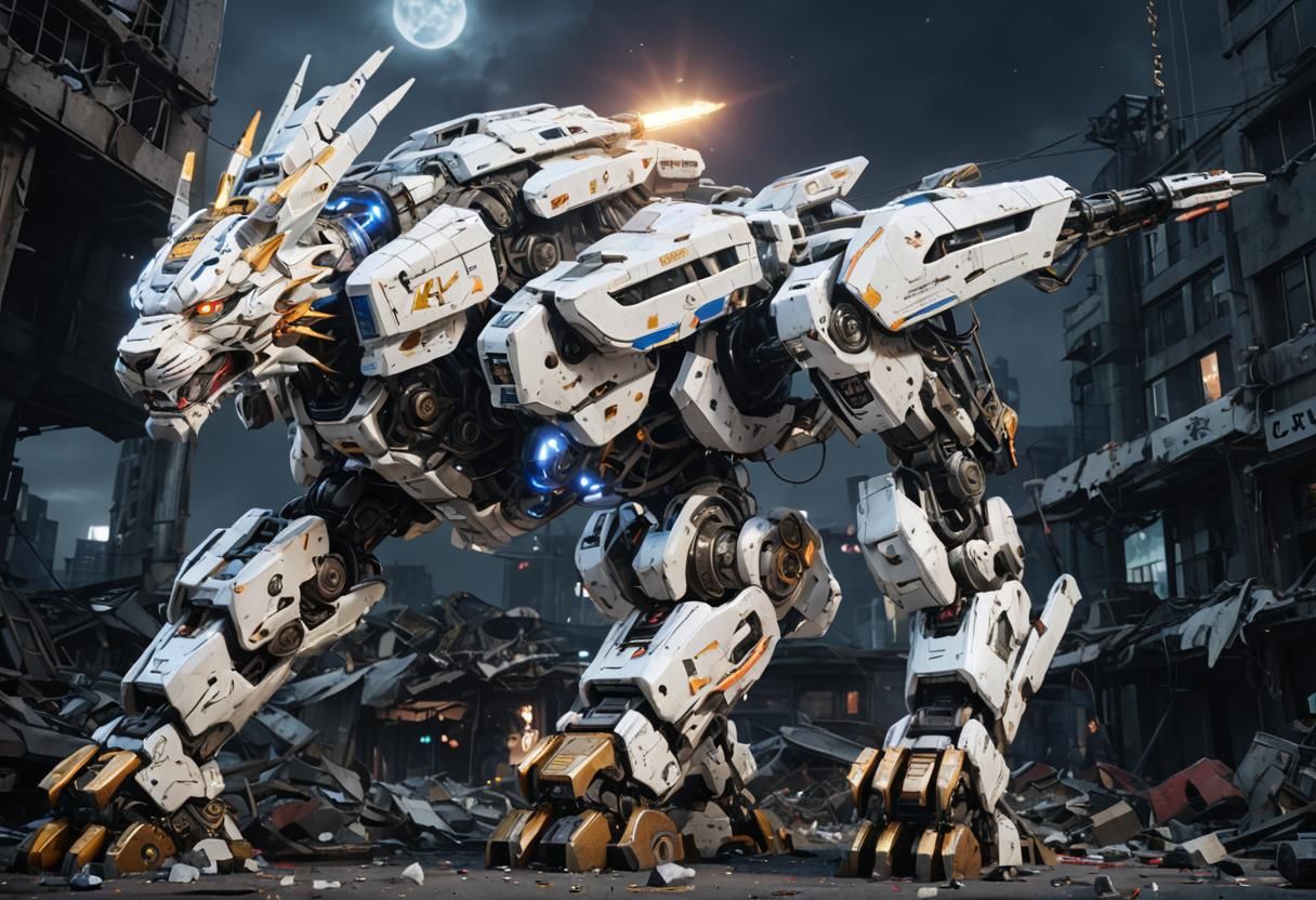 Futuristic Liger Zero Mech in Ruined Cityscape