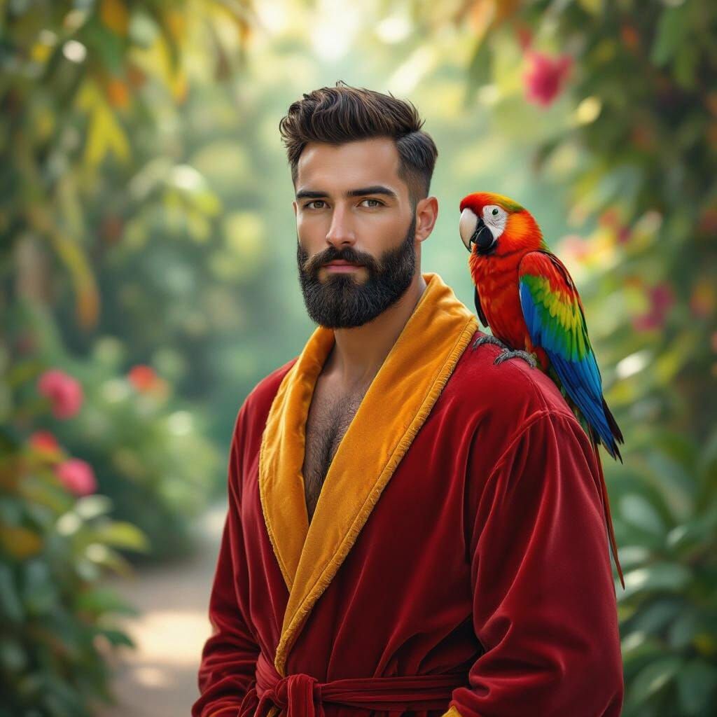 Man in Velvet Robe with Parrot in Fantasy Garden