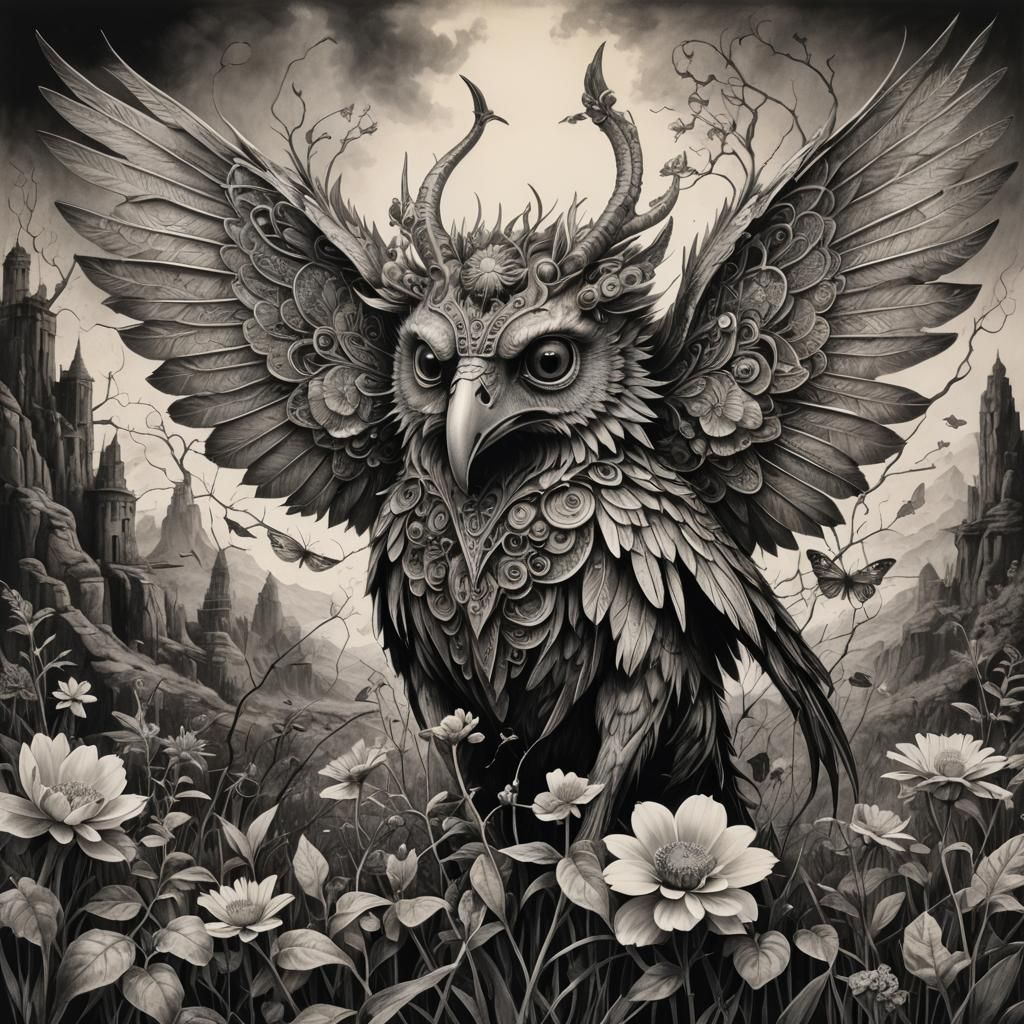 Surreal Landscape with Winged Creature: Charcoal Drawing