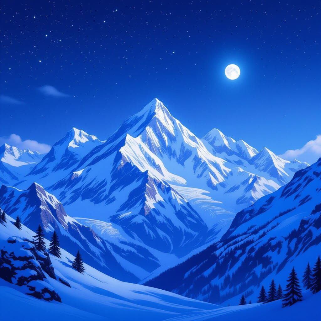 Snowy Mountains Under Starry Night Sky