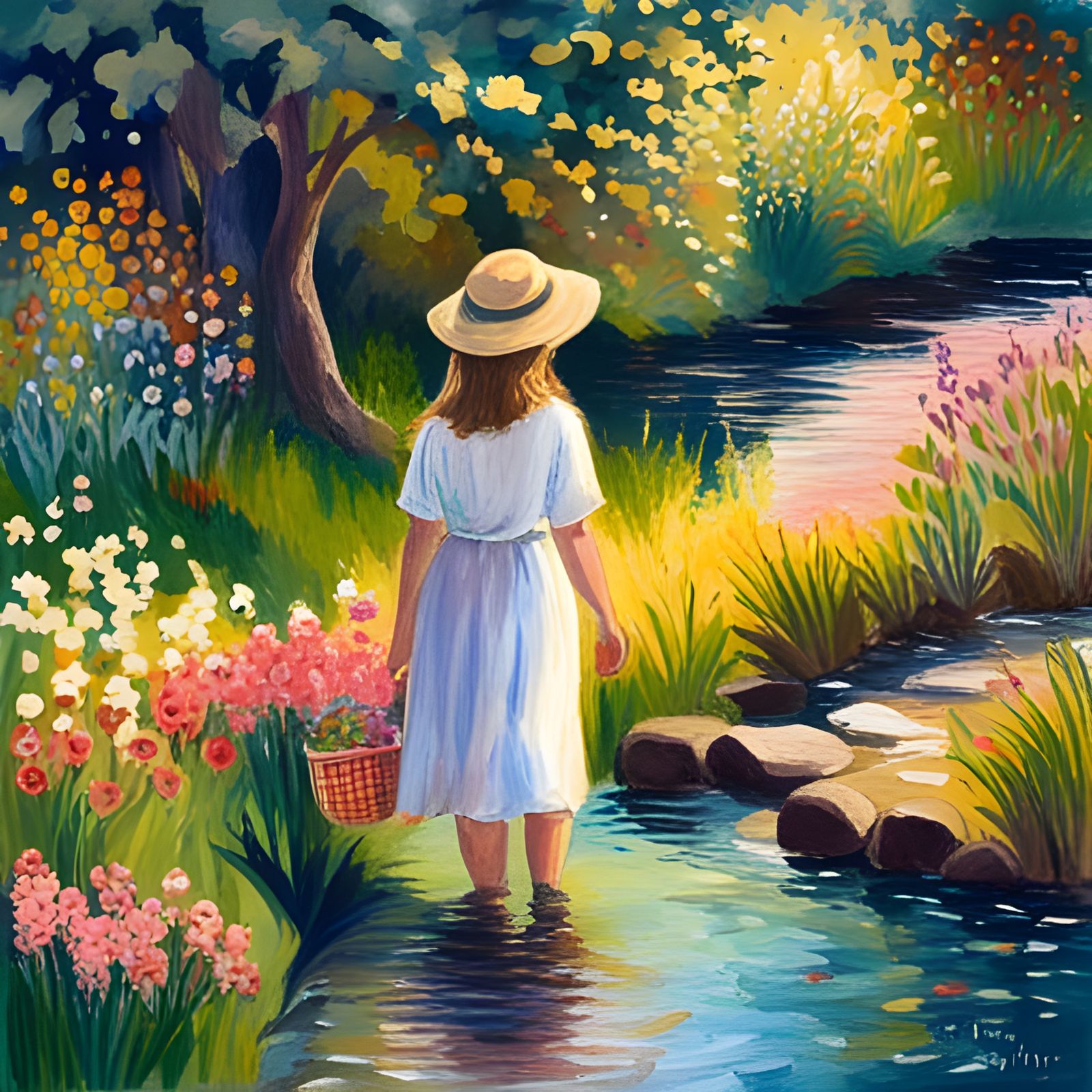 Girl by babbling brook with flowers