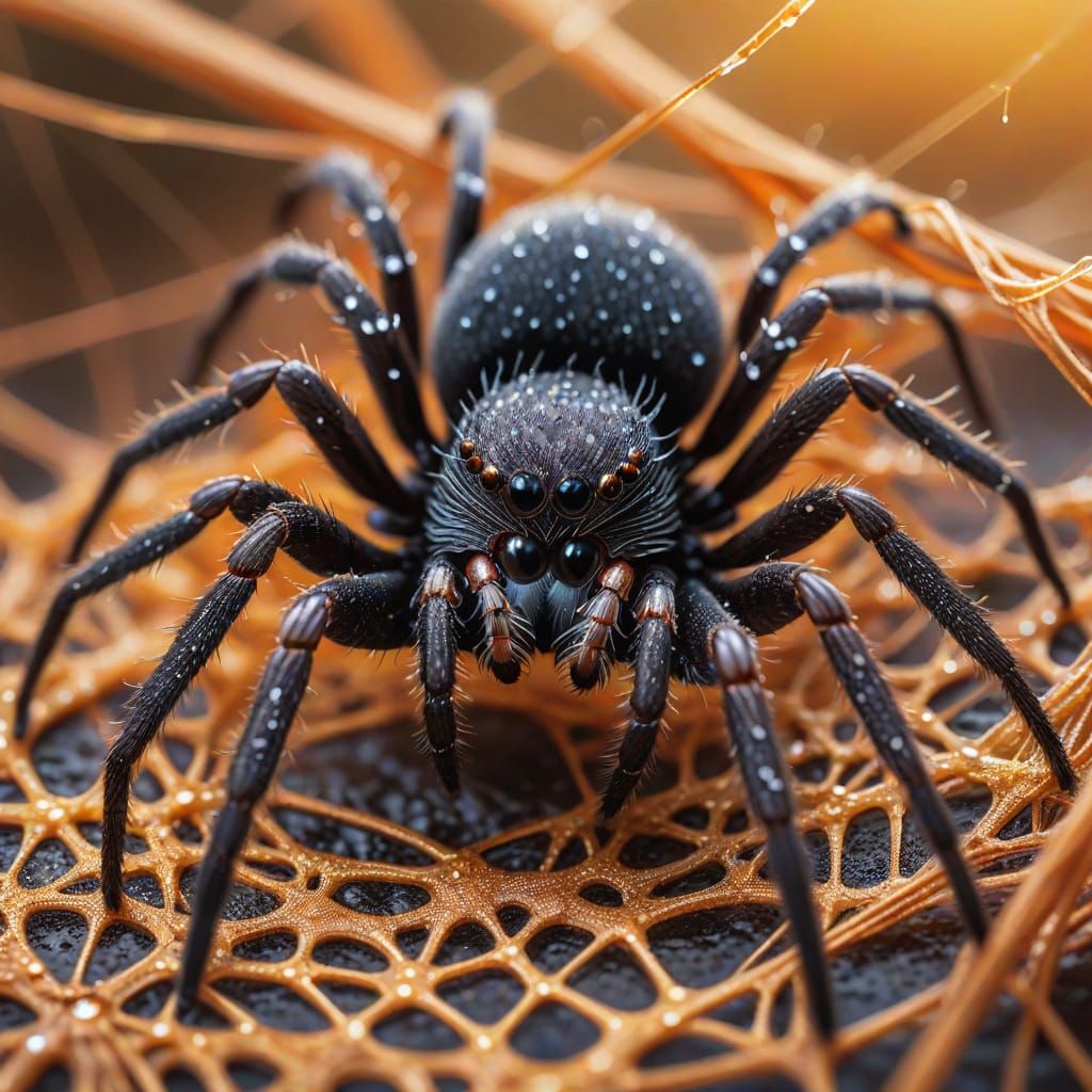 Australian Funnel-Web Spider in Web: Macro Wildlife Art