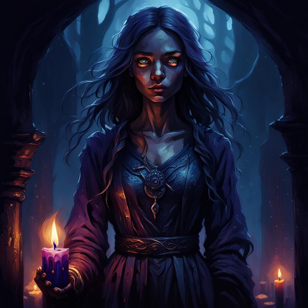 Girl Walks in Darkness with Candle: Dark Fantasy Art