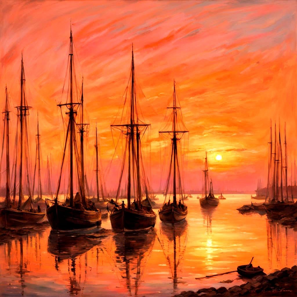 Historic San Francisco Harbor Sunset in 19th Century Oil Pai...