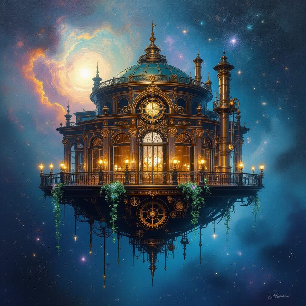 Steampunk Opera House in Cosmic Nebula, Impressionist Style