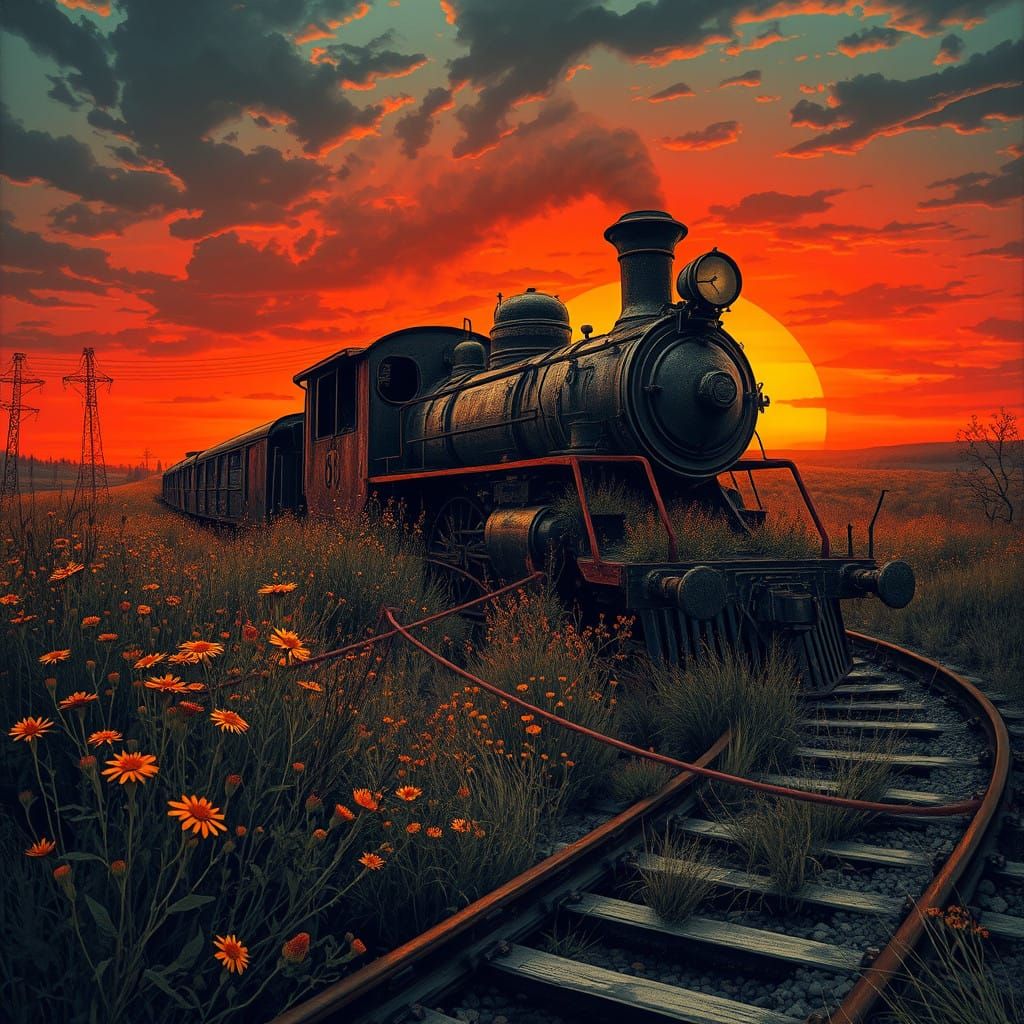 Gritty Train Landscape Amidst Wildflowers and Sunset