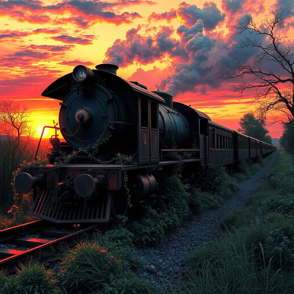 Abandoned Train in Haunting Sunset Glow