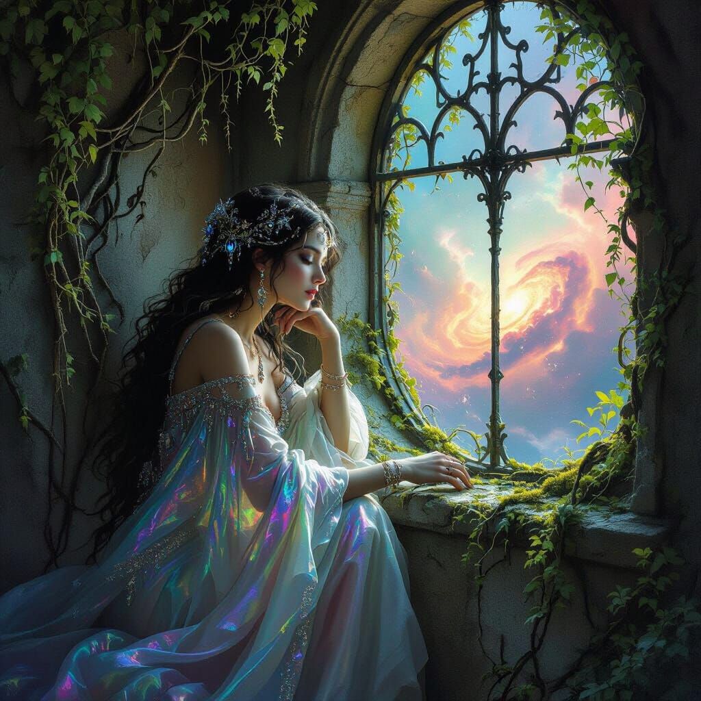 Goddess in Observatory Overlooking Nebula, Splash Art Style