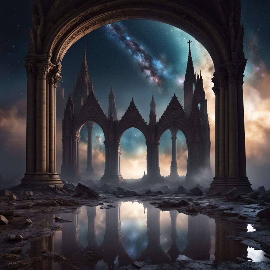Milky Way Over Cathedral Ruins in Surreal Digital Art