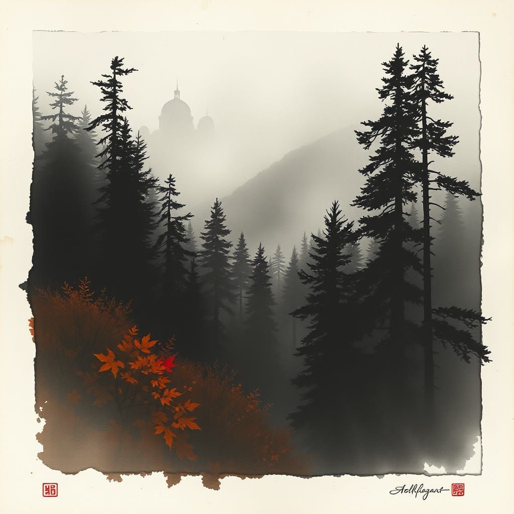 Ethereal Autumn Mountain Forest in Ink Wash Style