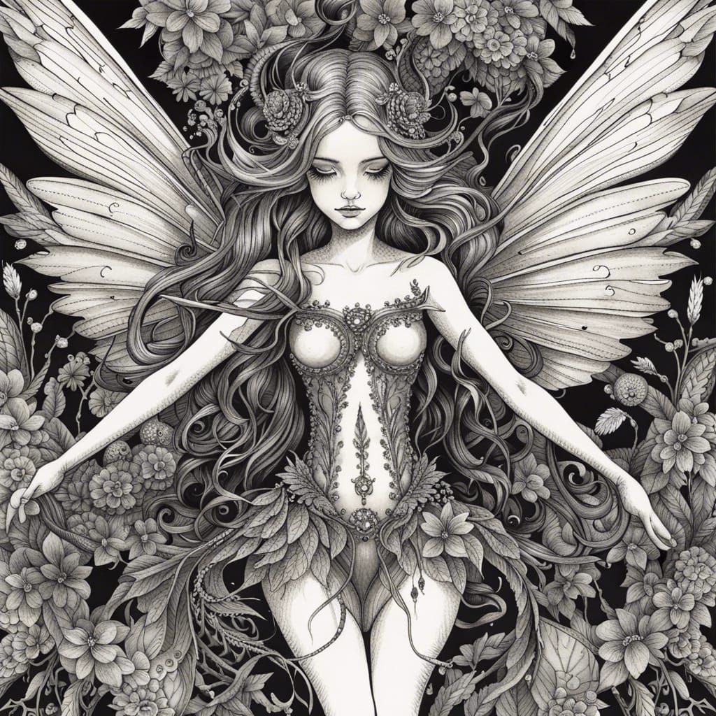 Extremely detailed black and white Ink drawing of a magical ...