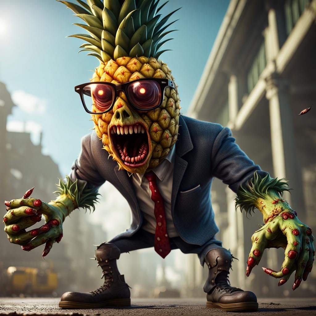 A terrifying zombie pineapple wearing glasses.
