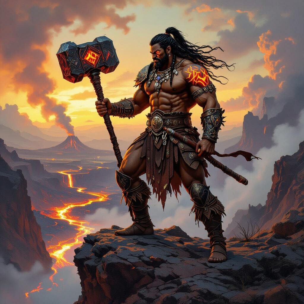 Volcanic Warrior with Hammer in Fantasy Art Style