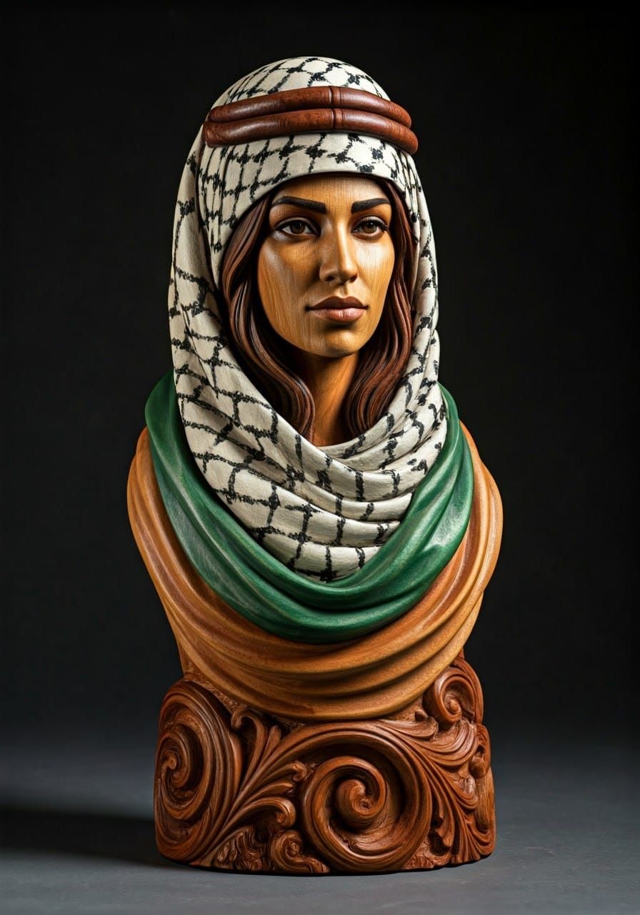Palestinian Woman: Detailed Wood Sculpture with Keffiyeh