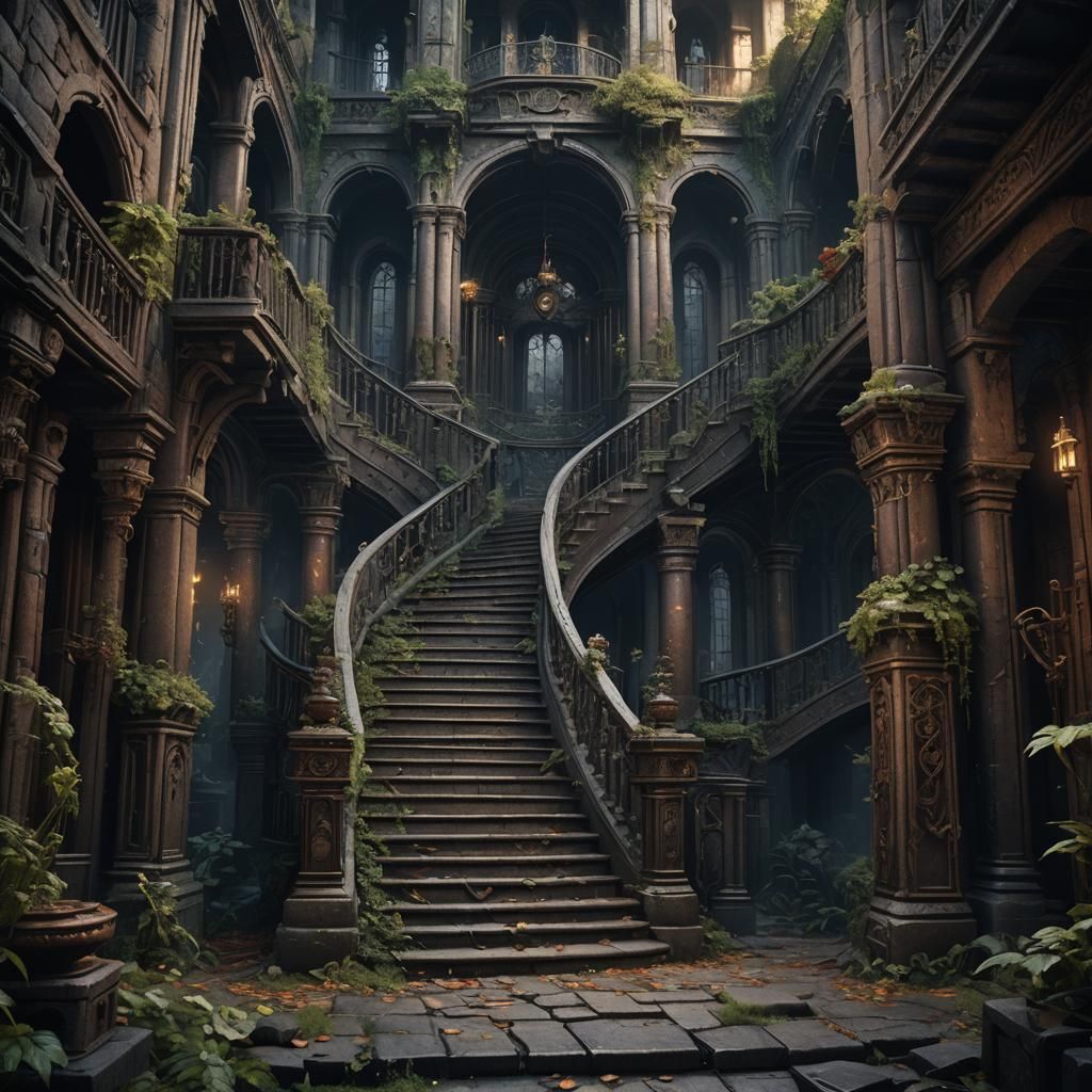 Fantastical Dark Staircase: Detailed Matte Painting