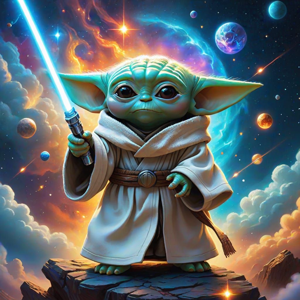 Majestic Baby Yoda in Vibrant Galaxy Landscape