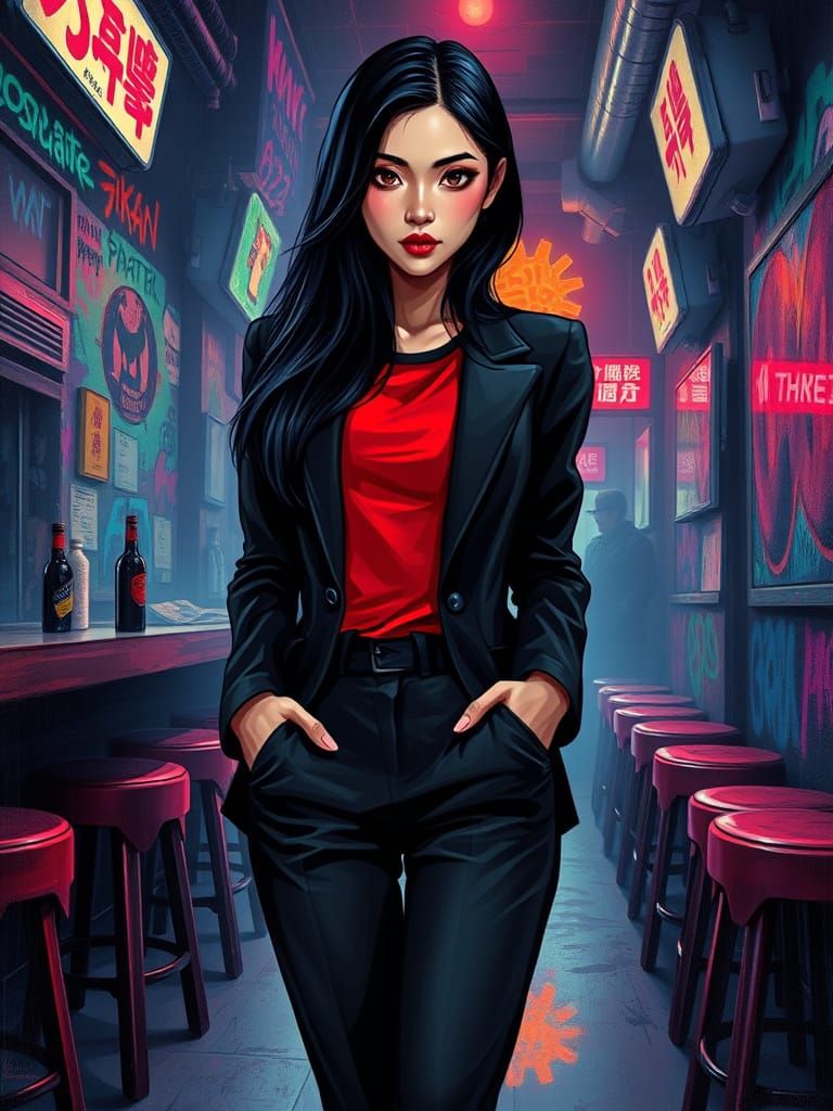 Cyberpunk Chinese Enforcer in a Vibrant Graffiti Dive Bar