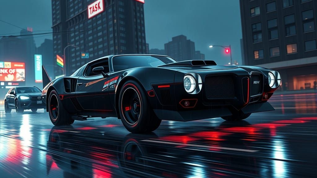 Futuristic Muscle Car Speeds Through Rainy City