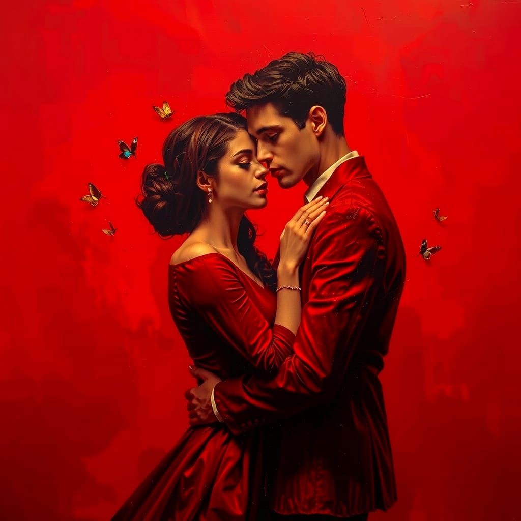 Couple Embracing in Red Oil Painting