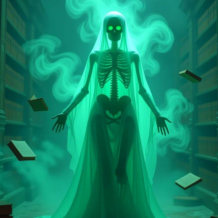 Ghostly Woman in Library with Green Glow