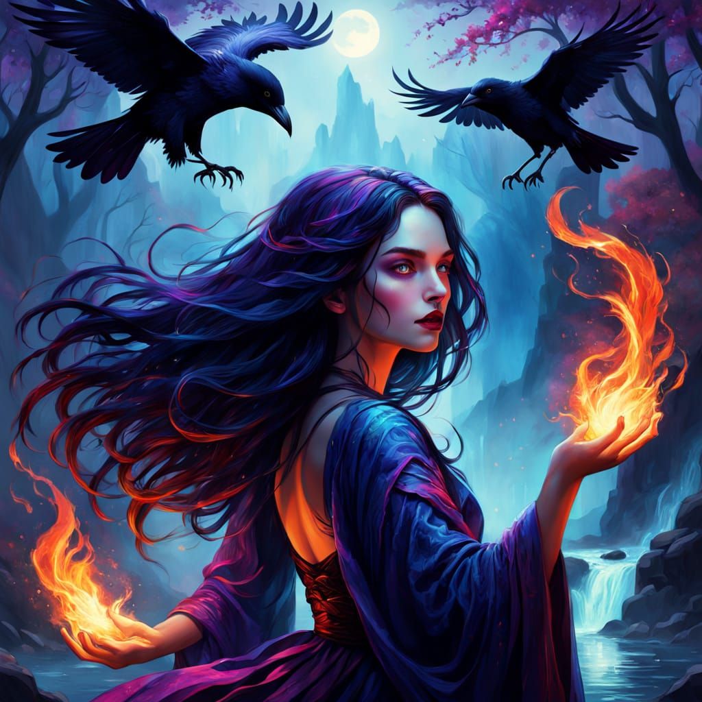 Mystical Woman Ignites the Night with Fiery Fingertips