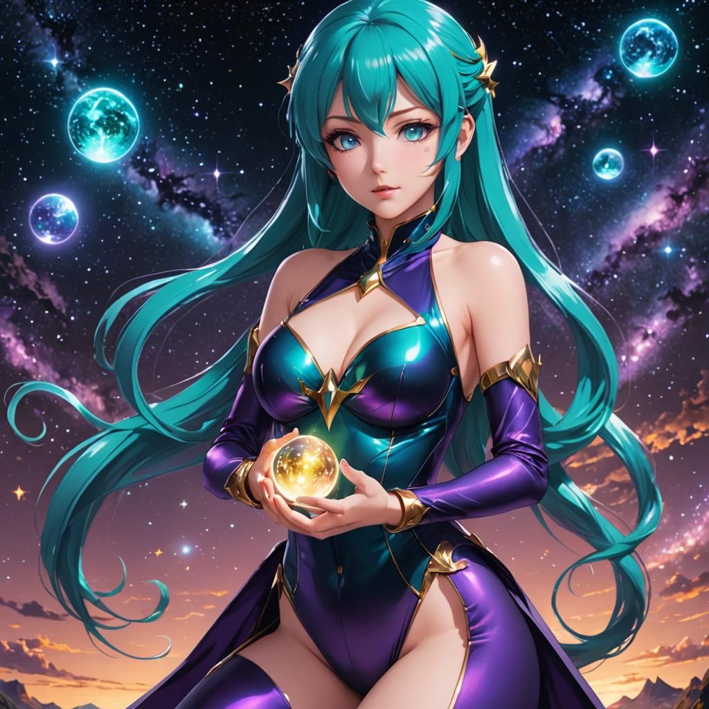 Anime Woman Conjuring Magic in Space
