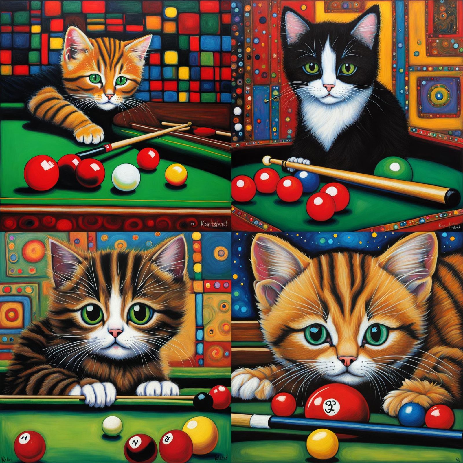 Folk Art Kitten at Snooker Table