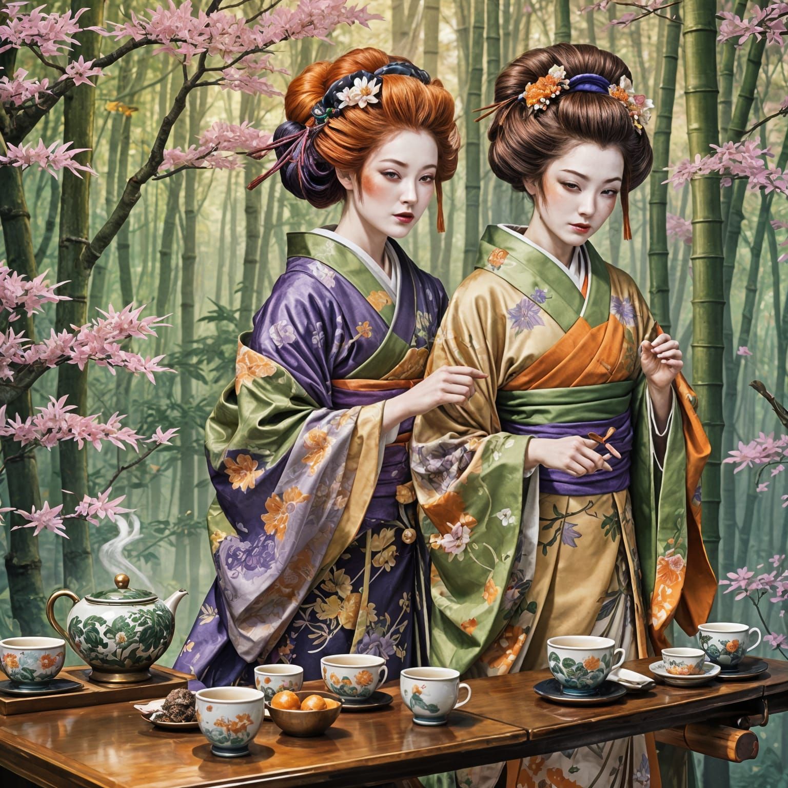 Carrottop Geisha Serving Tea in Detailed Matte Painting