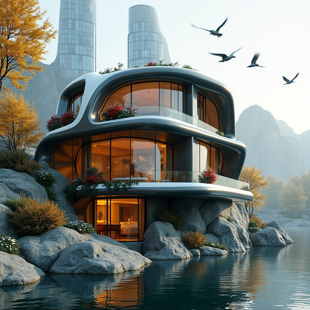 Futuristic Building by Lake with Crystalline High-Rises