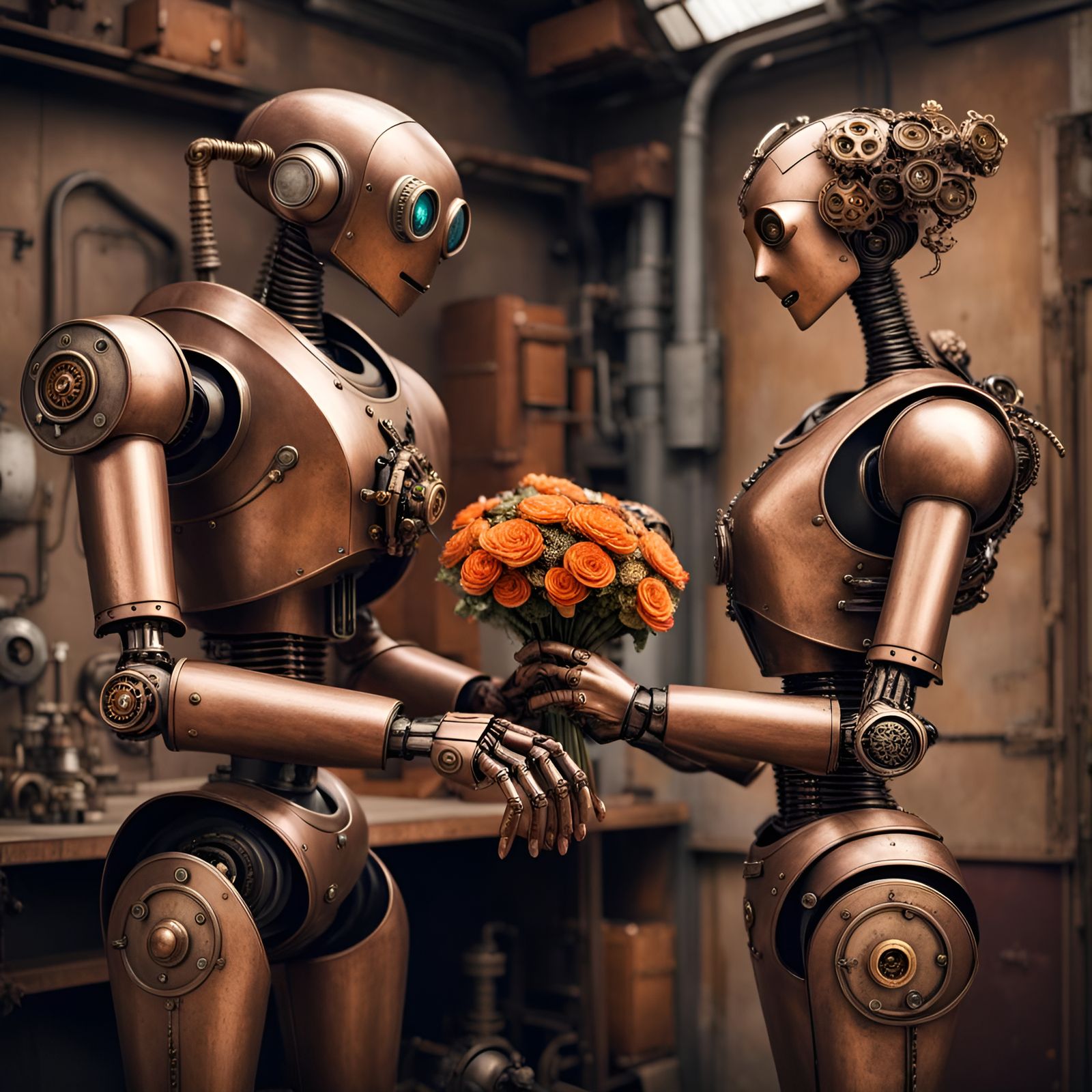 Steampunk Robot's Floral Offering: A Metalwork Love Story
