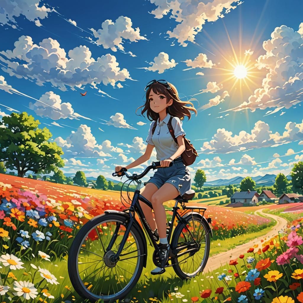 Anime Girl Rides Bike Through Summer Flower Field