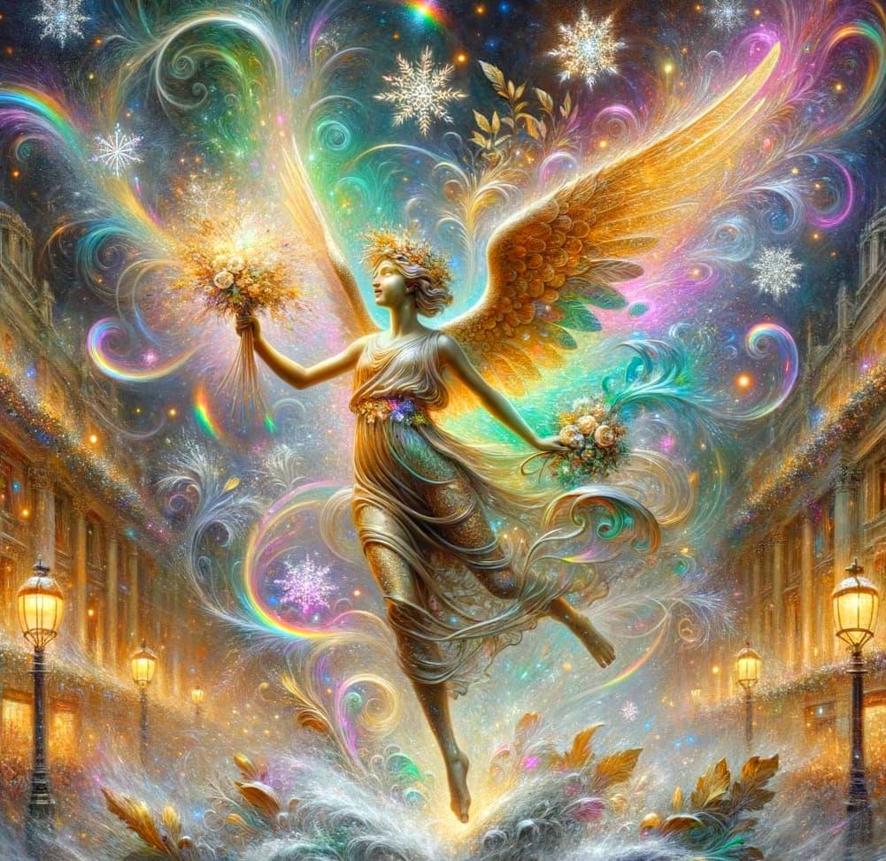 Mythical Figure Unfurls Golden Wings Amid Whimsical City Sce...