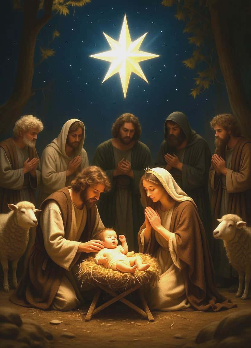 Realistic Nativity Scene with Joseph, Mary, and Shepherds