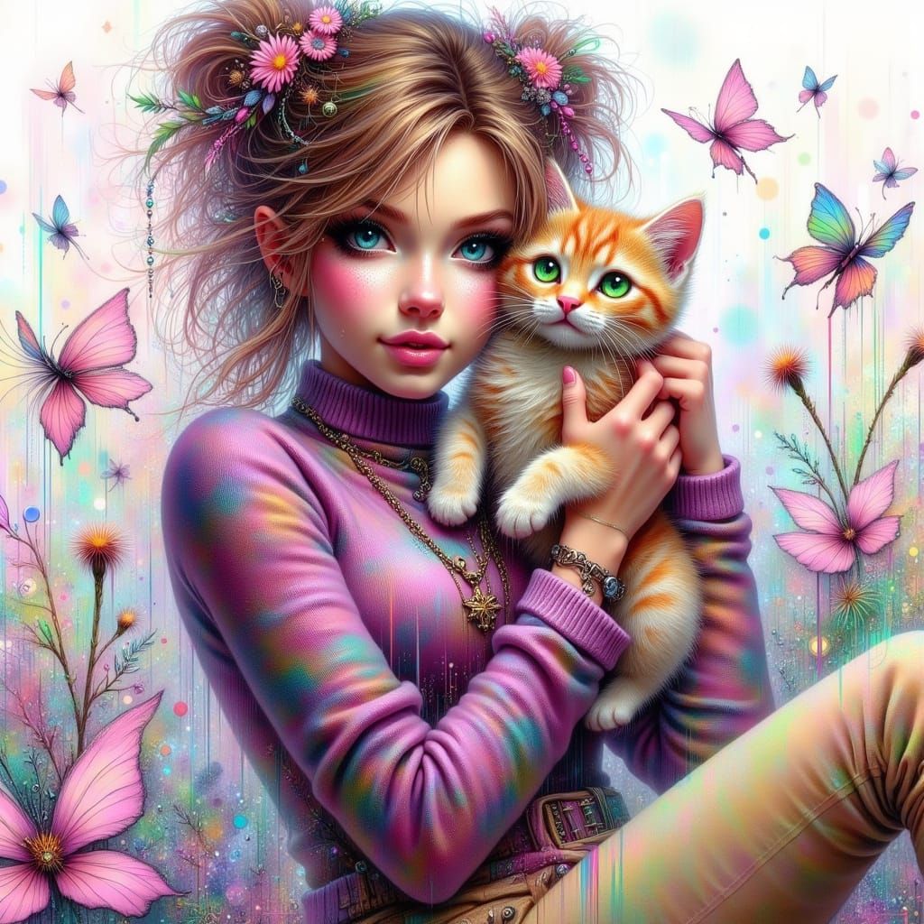 Modern Woman Holding Cat, Inspired by Hockney and Anime Art