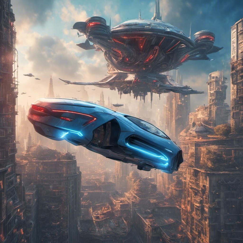 Medieval Sci-Fi Flying Car in Futuristic City