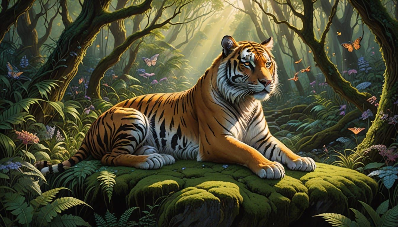 Regal Tiger in Mystical Forest, with Iridescent Fur and Emer...