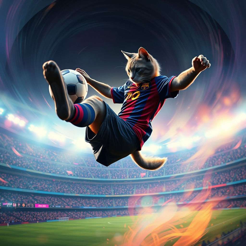 Cat Boy Bicycle Kick in Dreamlike Stadium