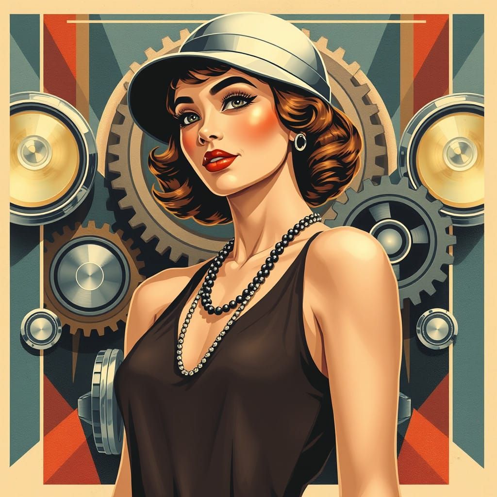 Vintage Flapper Goddess Amidst Retro Gears