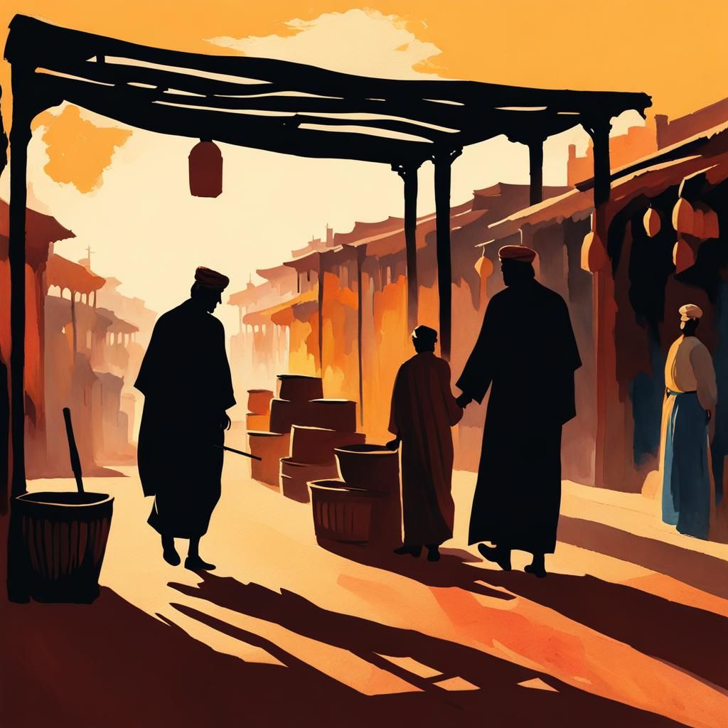Arabian Market Scene in Impressionist Gouache Style