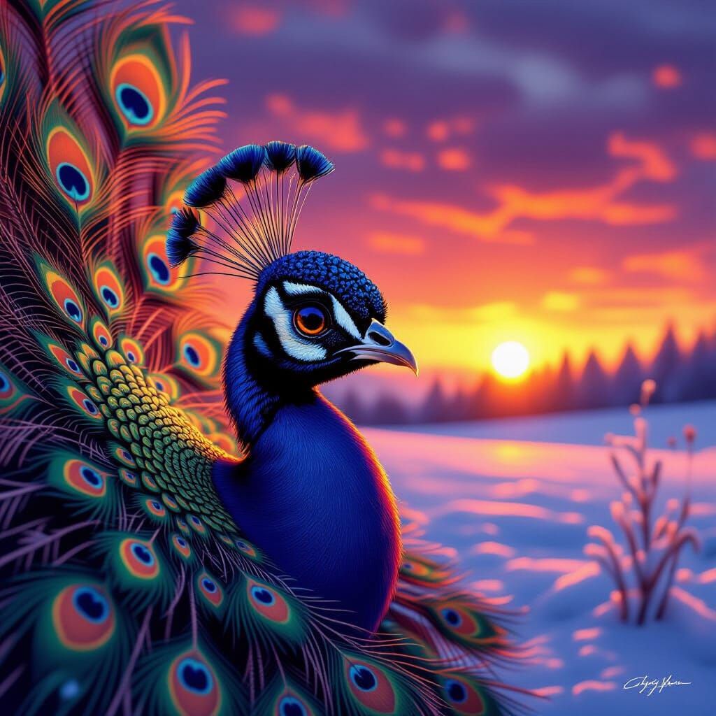 Flirtatious Baby Peacock in Snowy Sunset