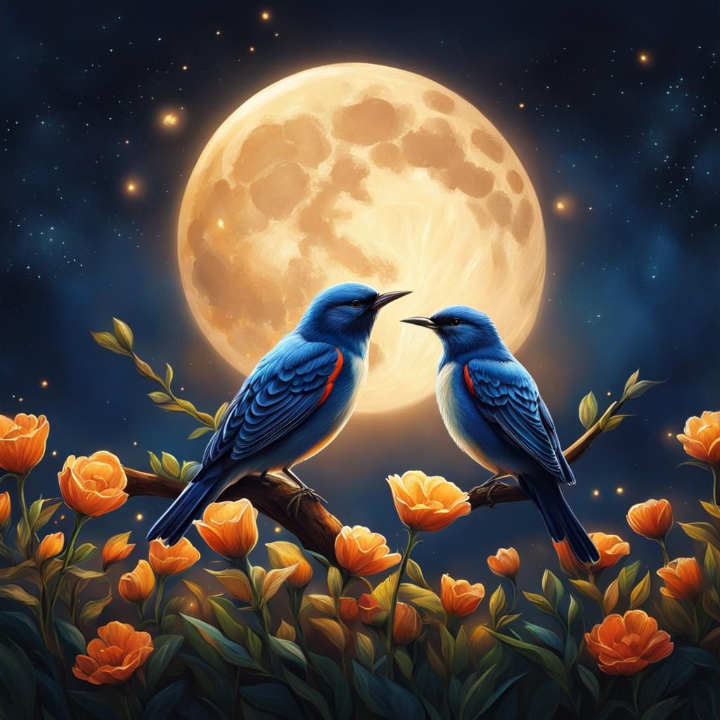Romantic Bird Meeting Under the Stars in Concept Art