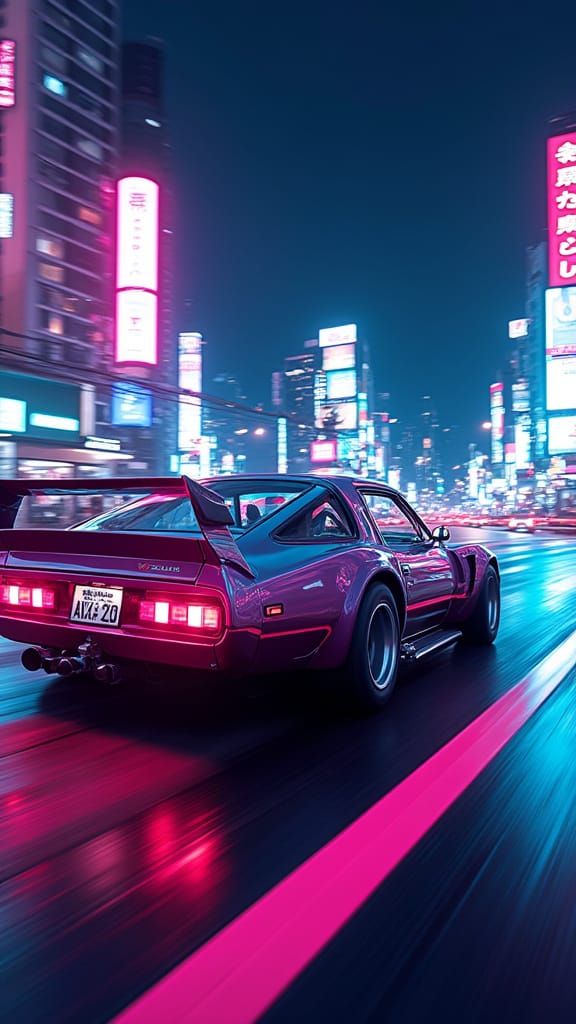 1980s Japanese Race Car in Neon Tokyo Night