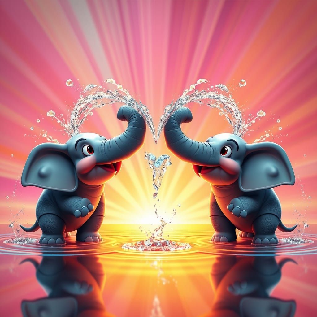 Vibrant Cartoon Elephants Form a Heart with Water in a Radia...
