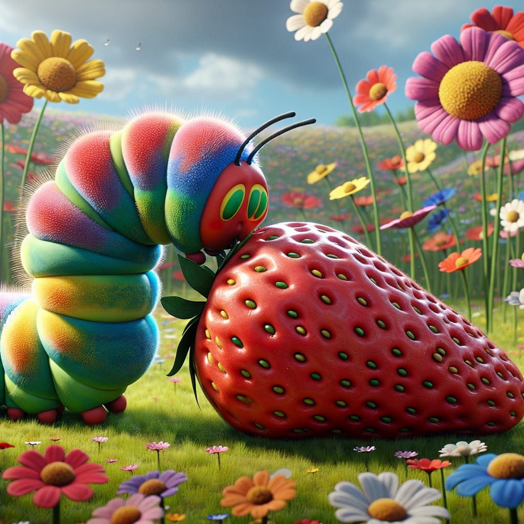 Disney Pixar style 3D adorable caterpillar, multiple colors, eating  from a giant strawberry, in a meadow background