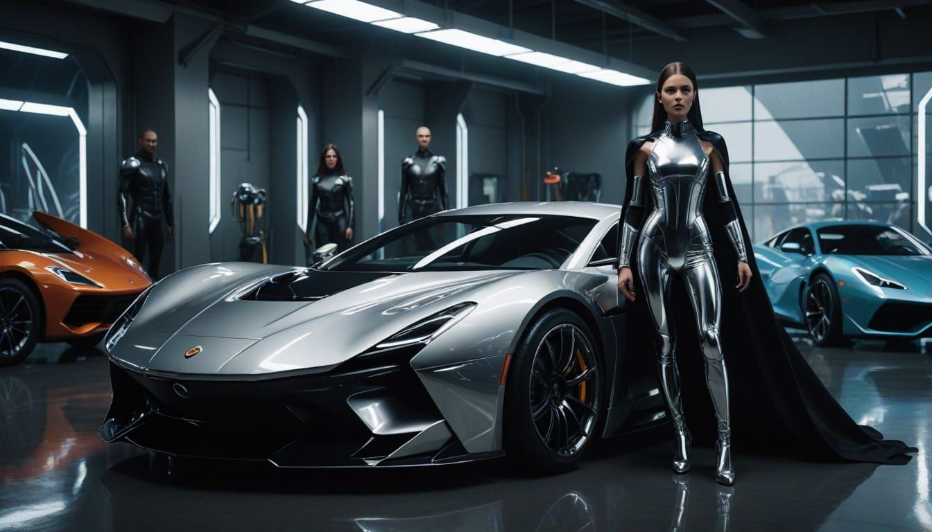Chrome Superheroine in Futuristic Showroom, High Fashion