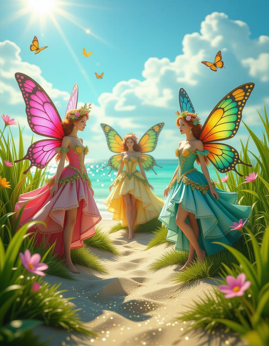 Fairies in Lush Greenery with Colorful Folk Costumes