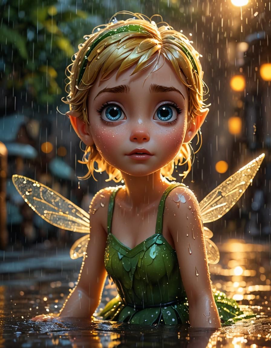 Sad Tinkerbell in Rain, 2D Cartoon Painting