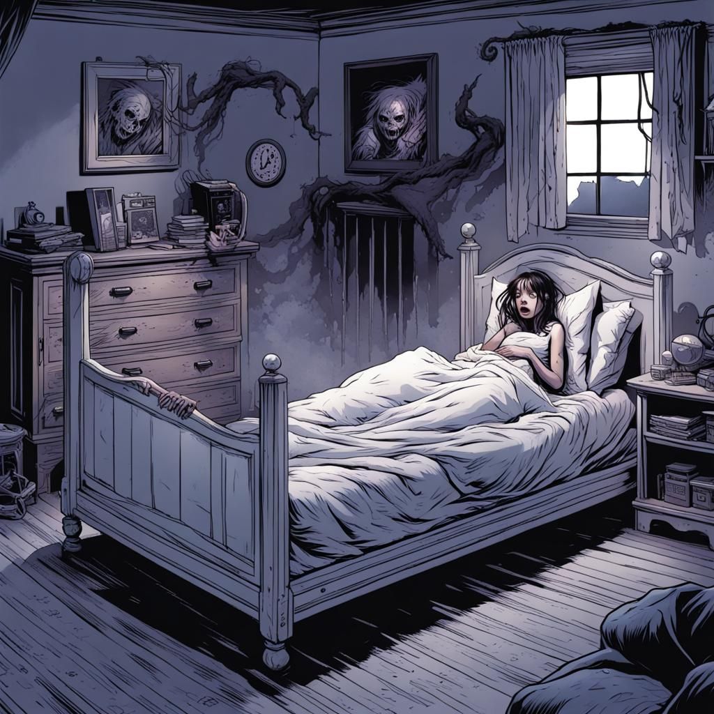 Horror Scene: Girl on Moving Bed, Comic Art