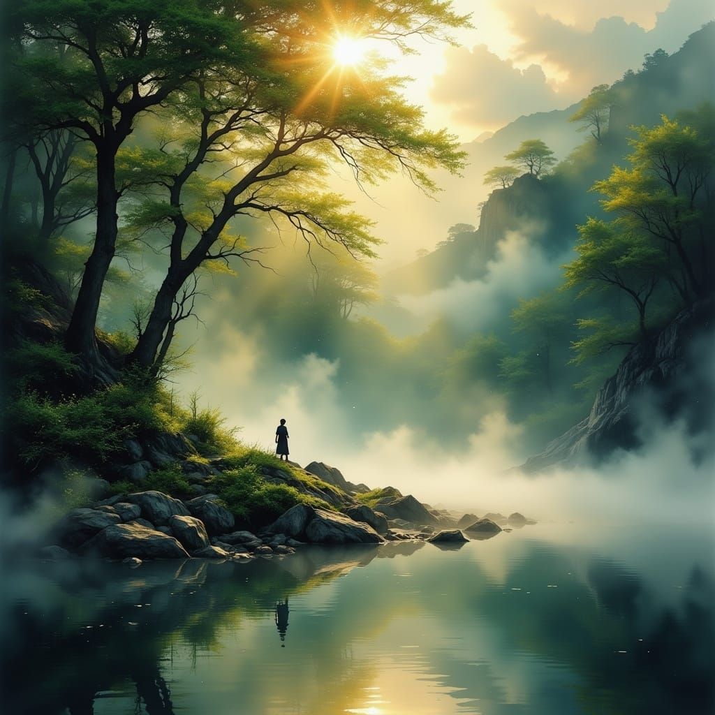 Misty Dawn Serenity: Lake with Golden Sunbeams